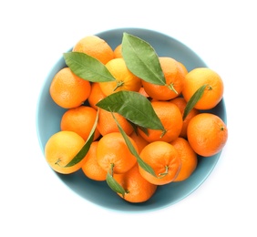Photo of Fresh tangerines in ceramic light blue bowl on white background, top view