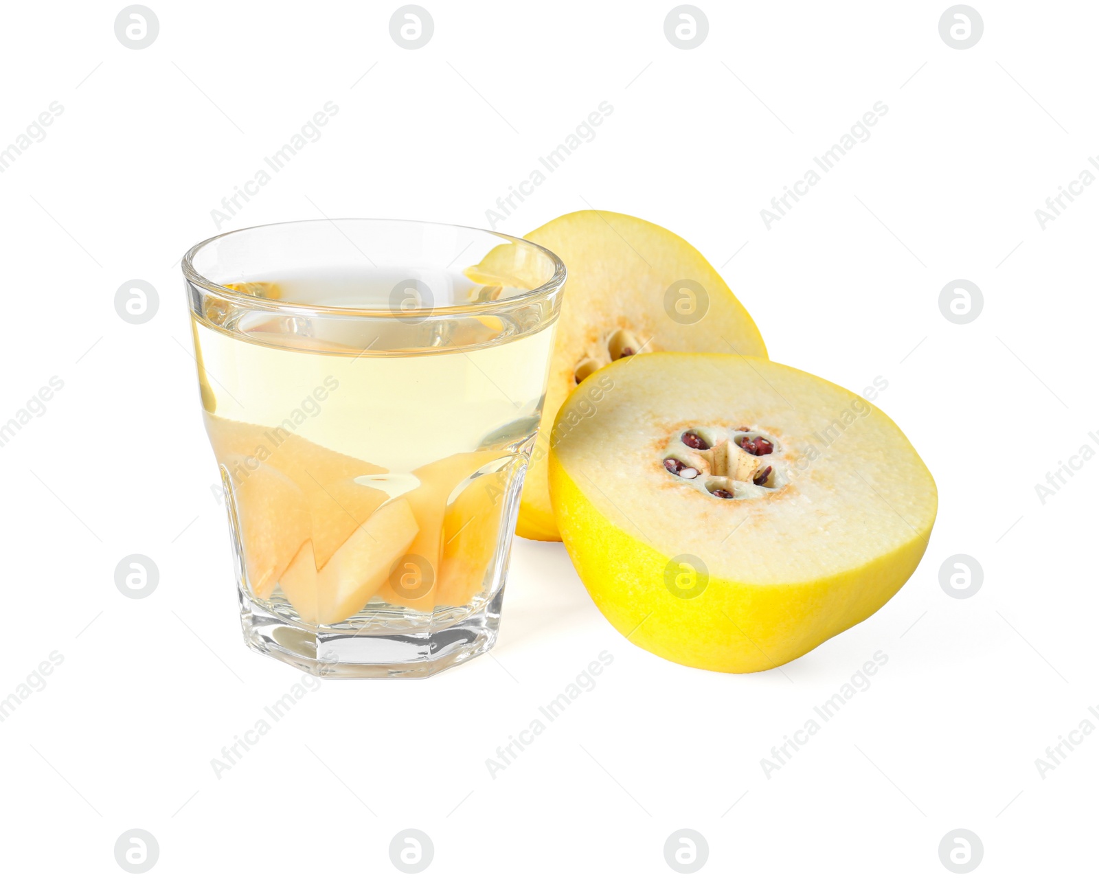 Photo of Delicious quince drink in glass and fresh fruit isolated on white