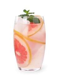 Photo of Glass of grapefruit refreshing drink with ice cubes and mint on white background