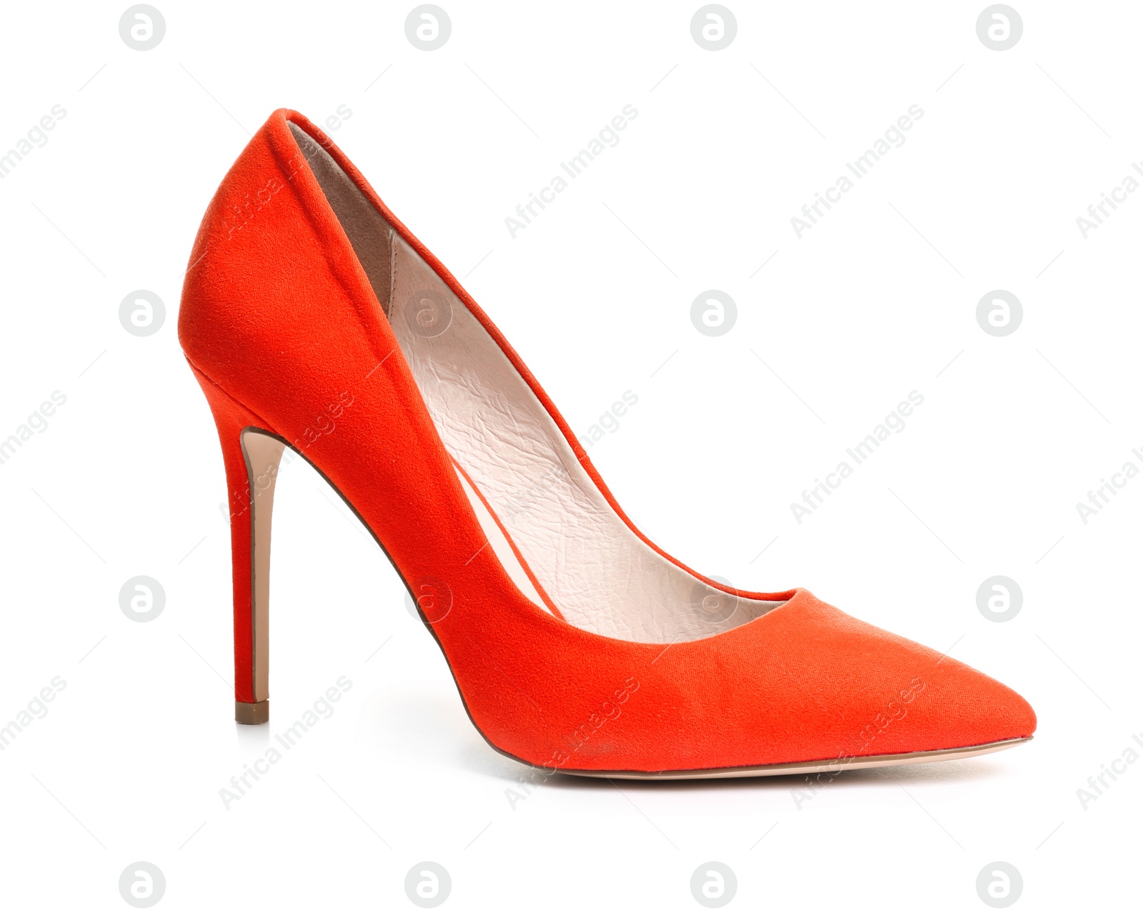 Photo of Stylish high heel shoe on white background