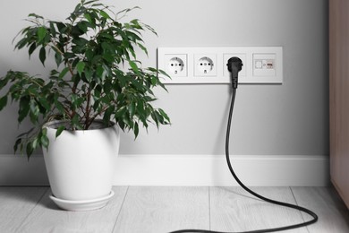 Power sockets and electric plug on grey wall