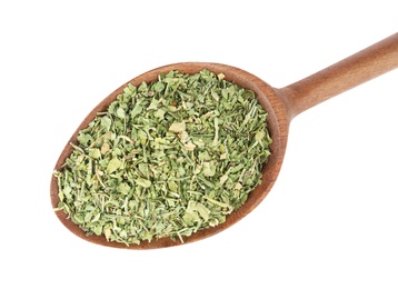 Photo of Wooden spoon with dried parsley on white background, top view