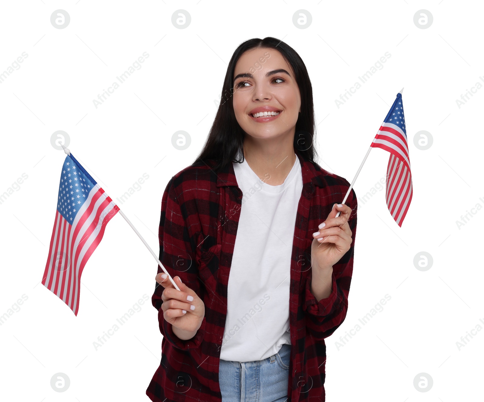 Image of 4th of July - Independence day of America. Happy woman holding national flags of United States on white background