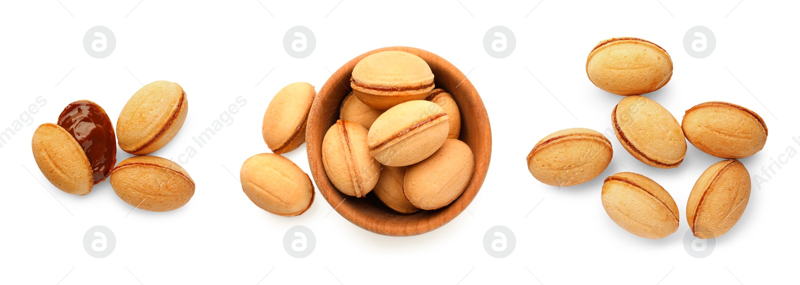 Image of Delicious nut shaped cookies with caramelized condensed milk isolated on white, top view. Collage design