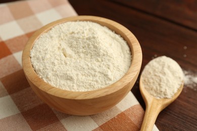 Baking powder in bowl and spoon on wooden table, closeup