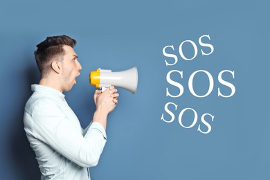 Image of Man shouting into megaphone and words SOS on color background. Asking for help