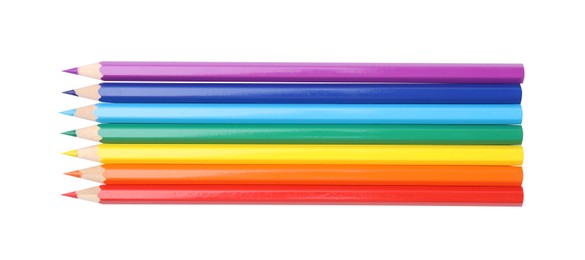 Photo of Many colorful wooden pencils on white background, top view