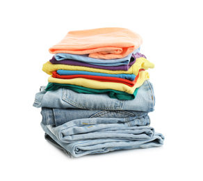 Stack of folded clothes isolated on white