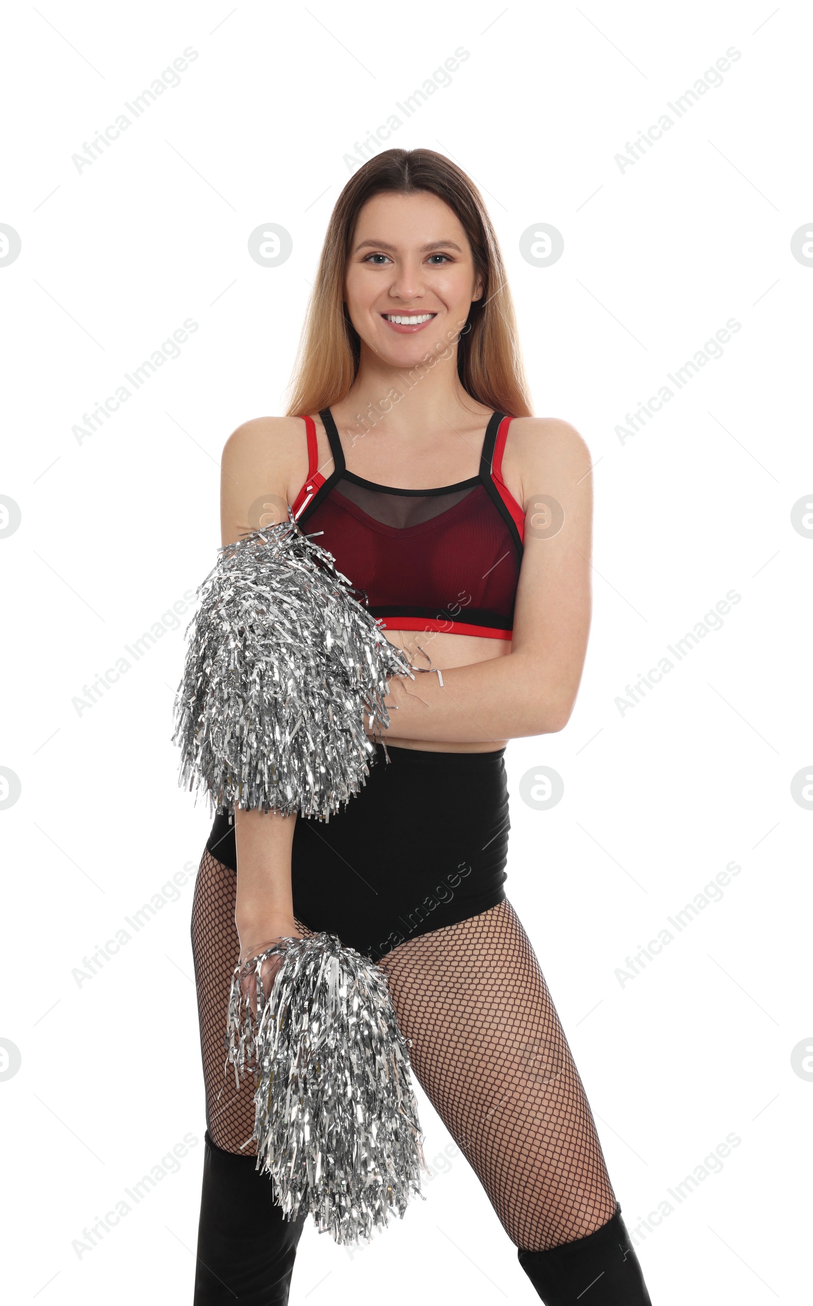 Photo of Beautiful cheerleader in costume holding pom poms on white background