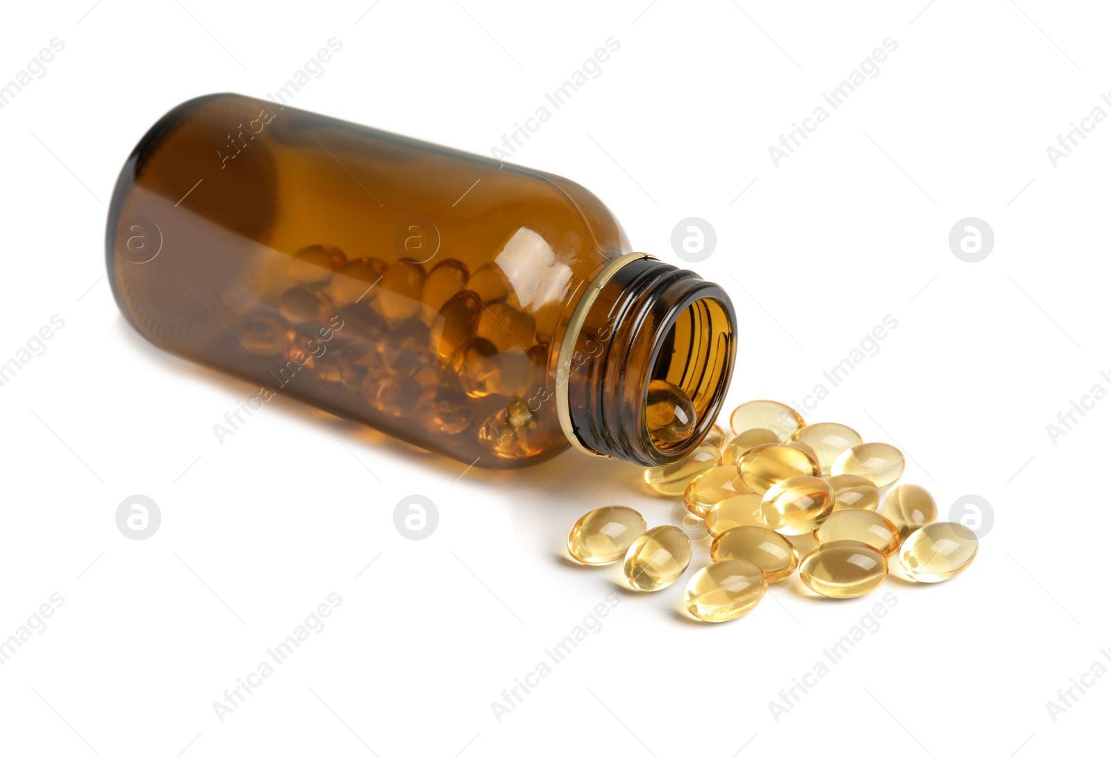 Photo of Bottle with cod liver oil pills on white background