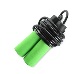 Photo of Black skipping rope on white background, top view. Sports equipment