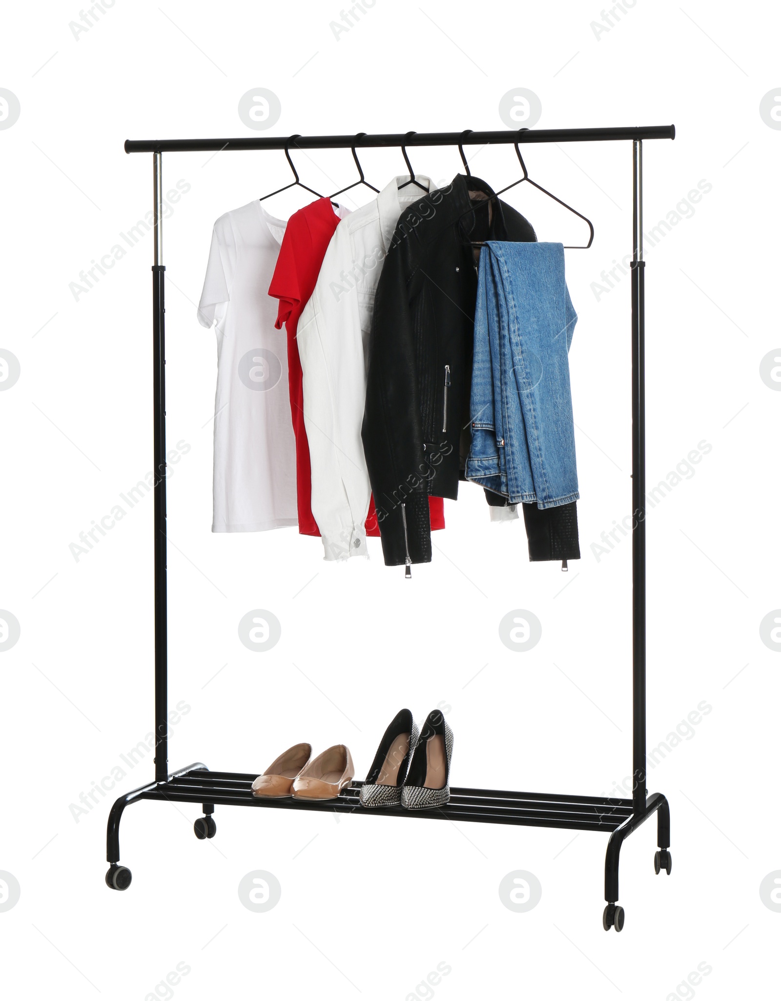 Photo of Rack with stylish women's clothes isolated on white