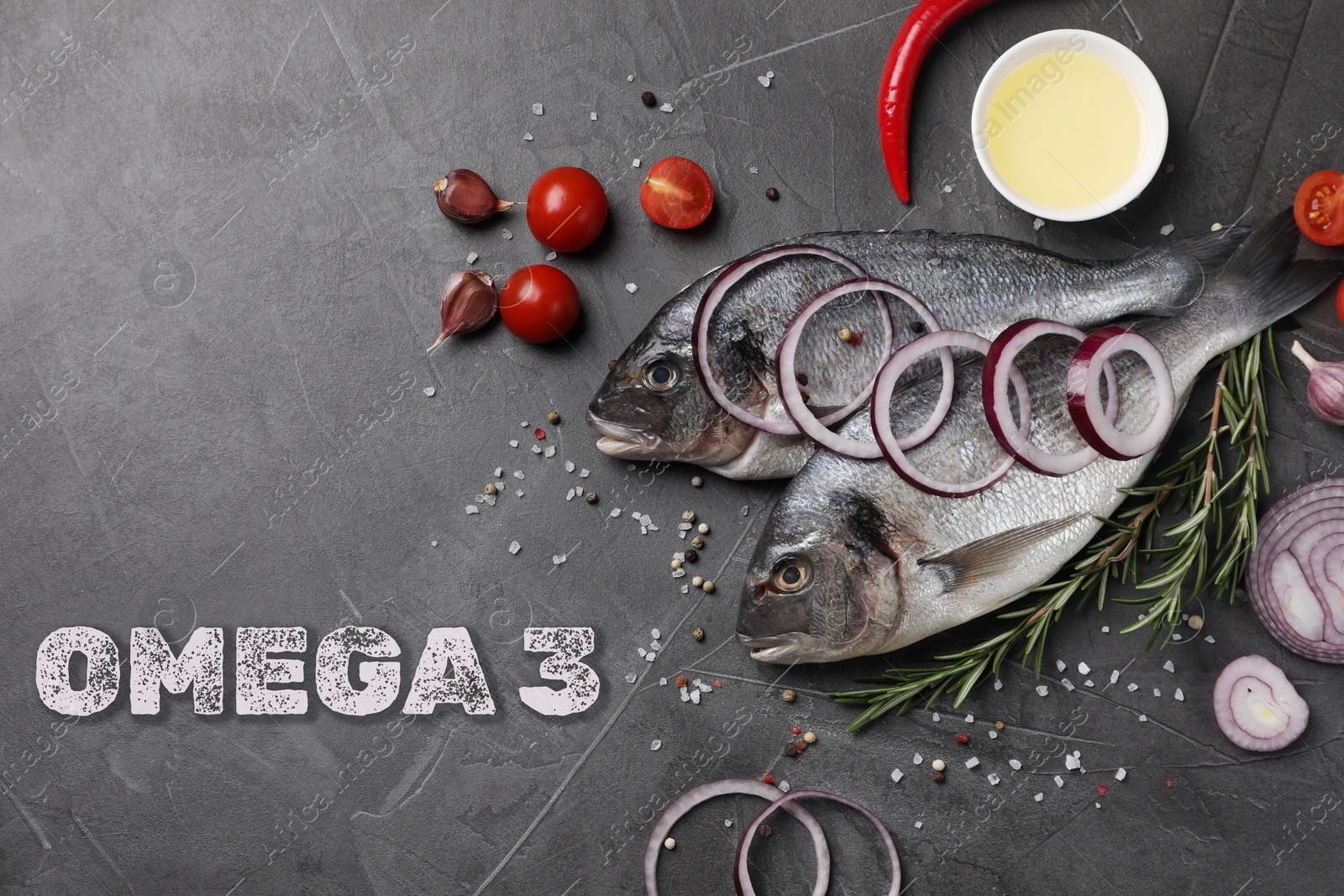 Image of Omega 3. Fresh dorado fish, tomatoes and spices on grey table, flat lay