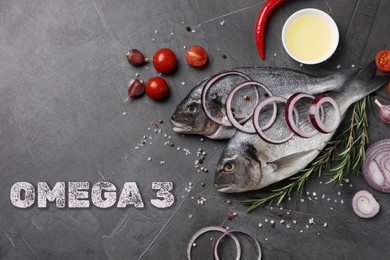 Omega 3. Fresh dorado fish, tomatoes and spices on grey table, flat lay