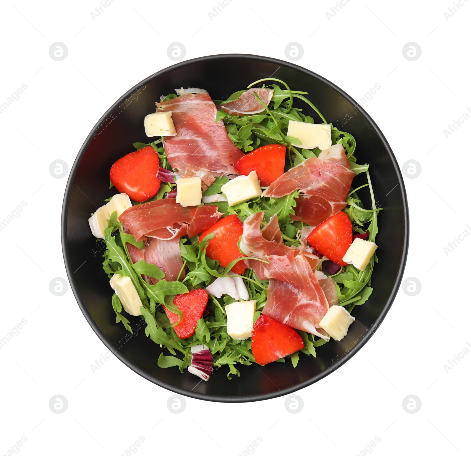 Photo of Tasty salad with brie cheese, prosciutto and strawberries isolated on white, top view