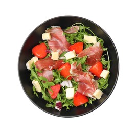 Photo of Tasty salad with brie cheese, prosciutto and strawberries isolated on white, top view