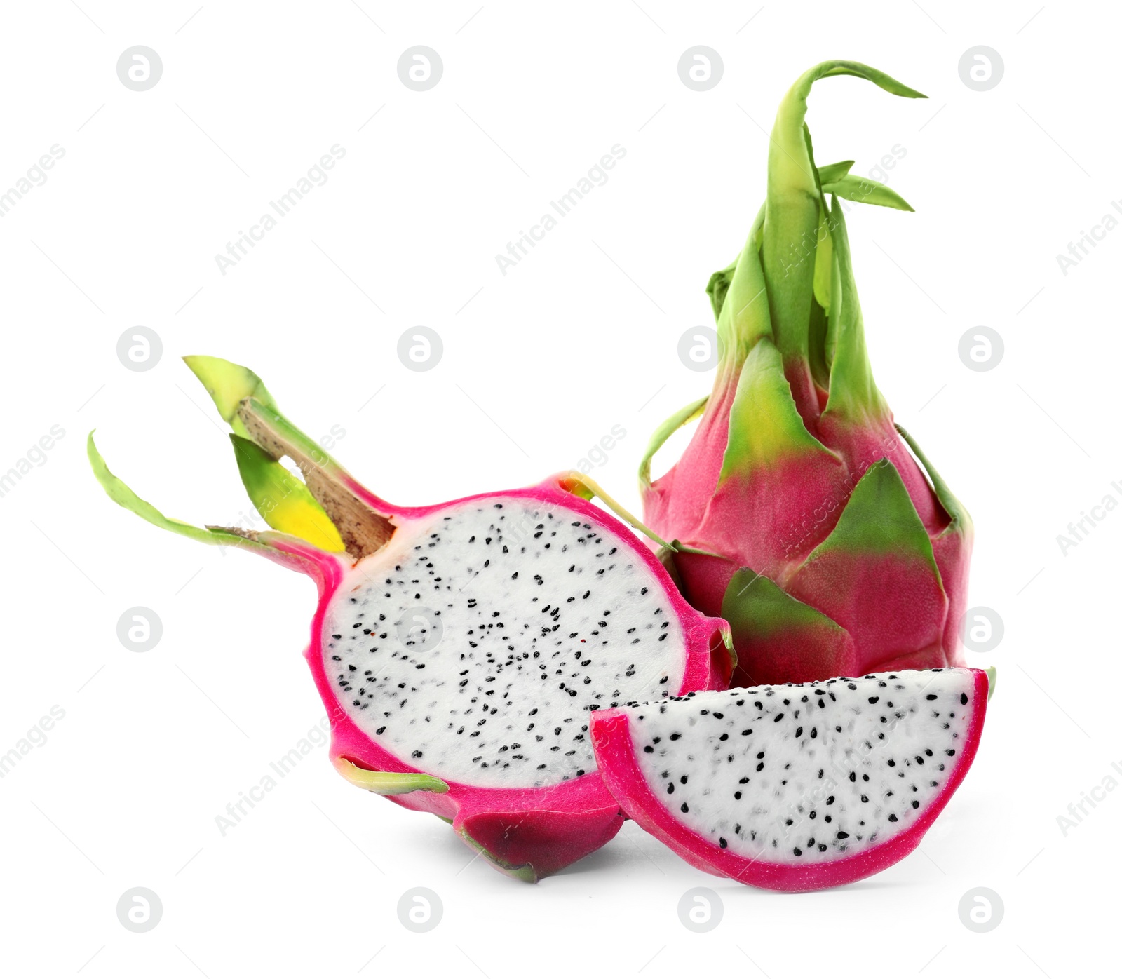 Photo of Delicious cut and whole dragon fruits (pitahaya) on white background