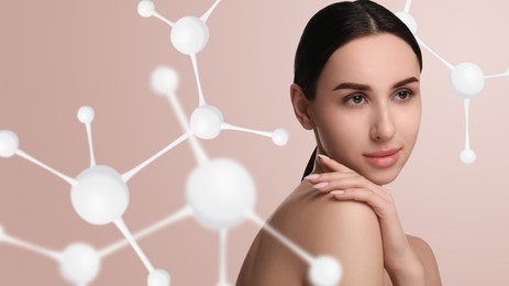 Beautiful woman with perfect healthy skin and molecular model on dusty pink background, banner design. Innovative cosmetology