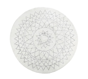 Photo of Round carpet with ornament on white background, top view. Interior element