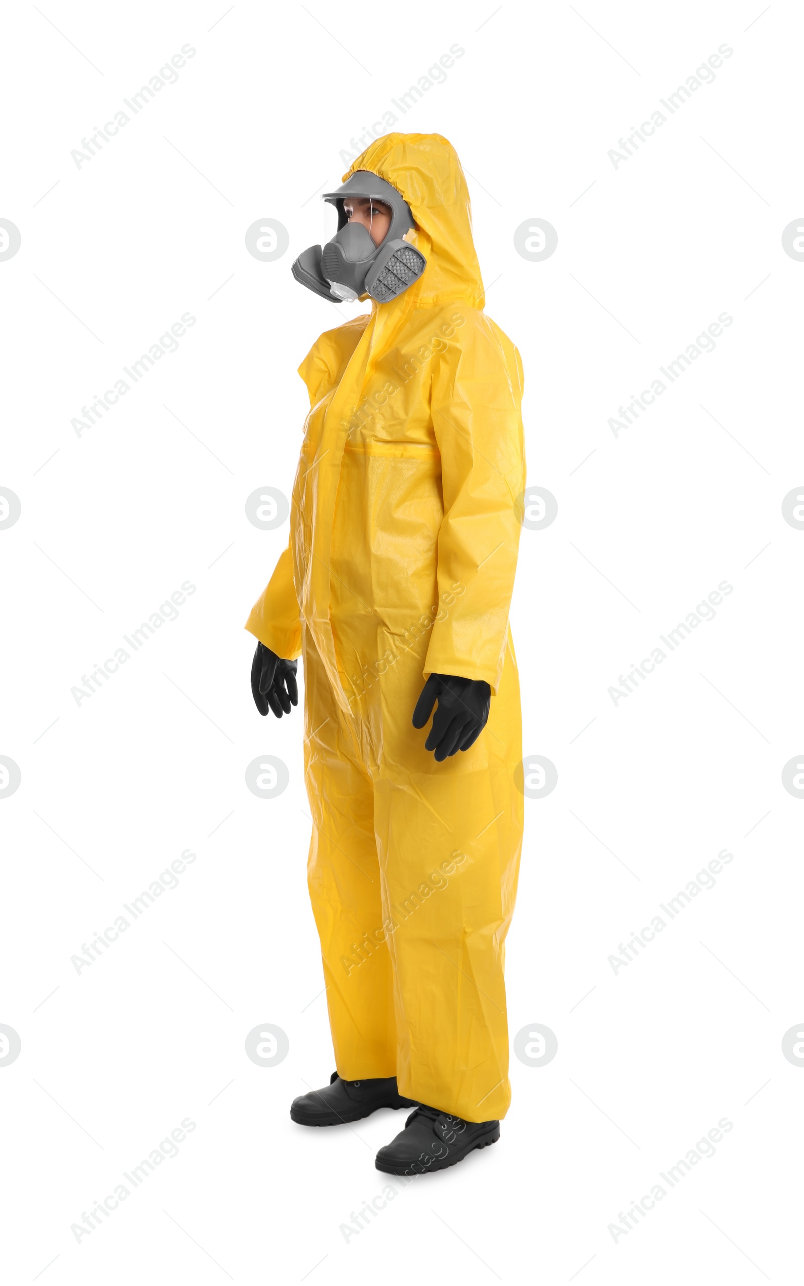 Photo of Woman wearing chemical protective suit on white background. Virus research