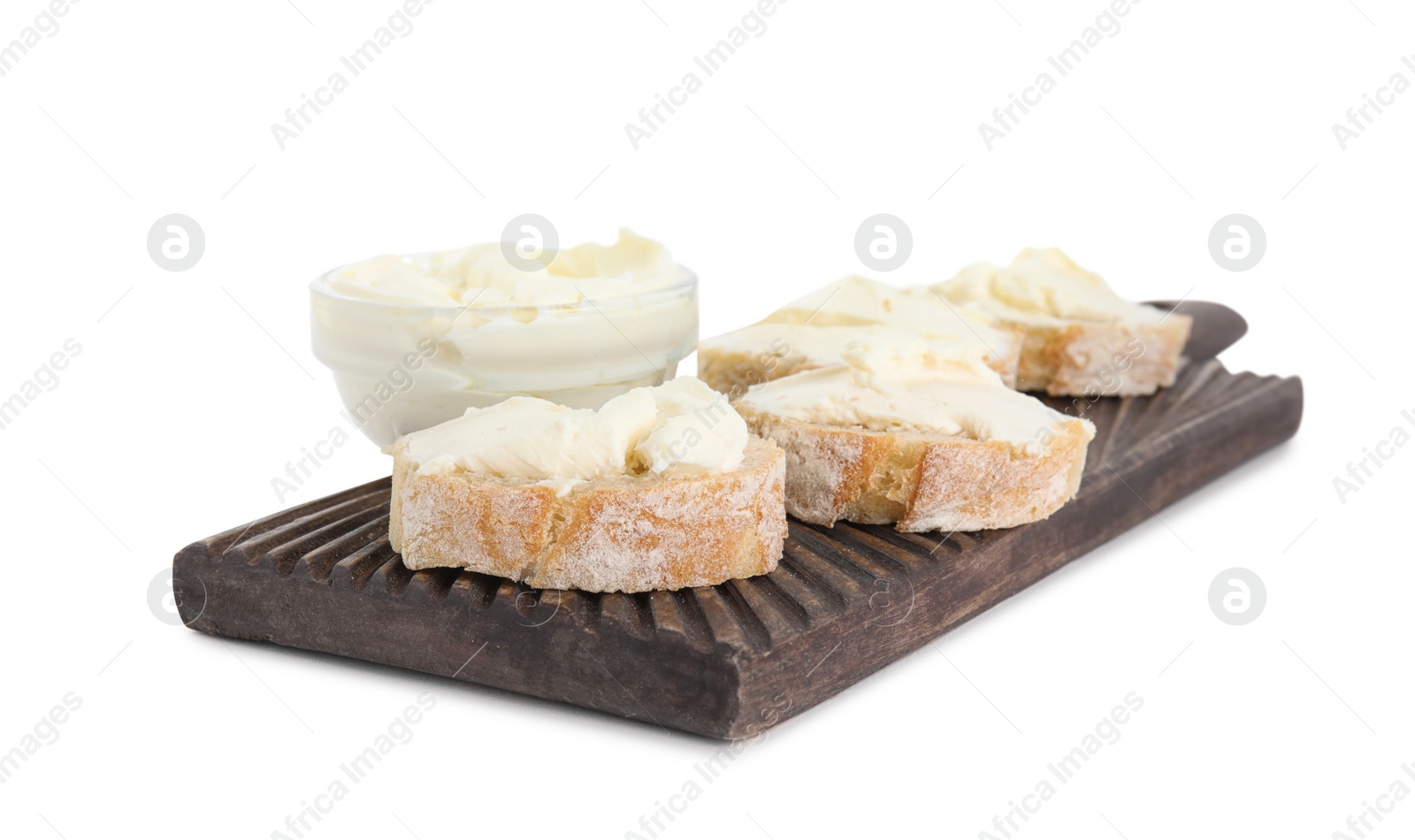 Photo of Bread with cream cheese on white background