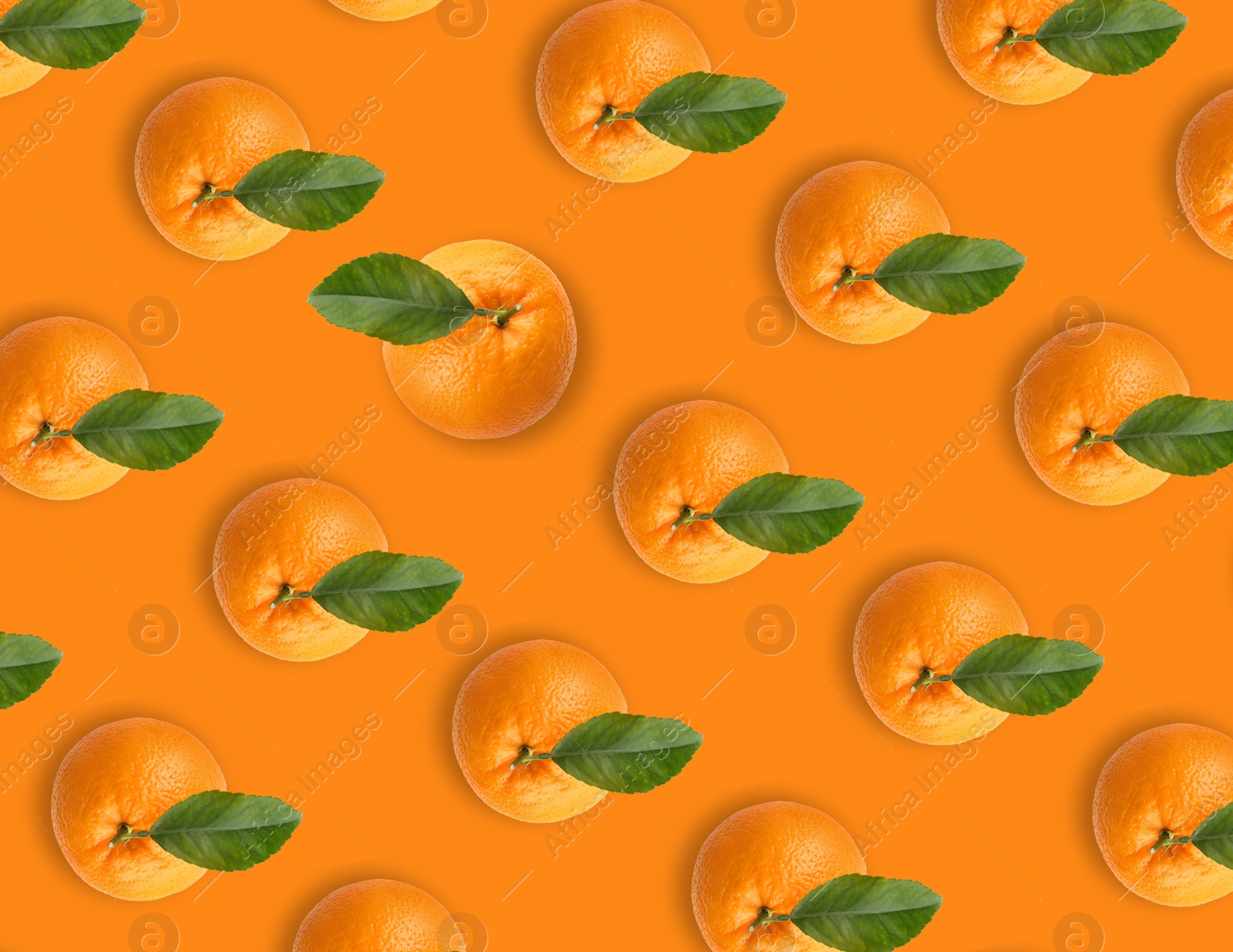 Image of Tasty fresh ripe oranges with green leaves on orange background, flat lay