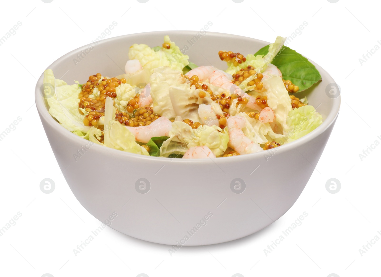 Photo of Delicious salad with Chinese cabbage, shrimps and mustard seed dressing isolated on white