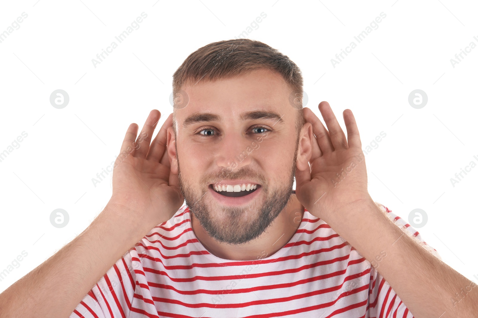 Photo of Young man with hearing problem on white background