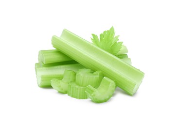 Fresh cut celery stalks and leaf isolated on white
