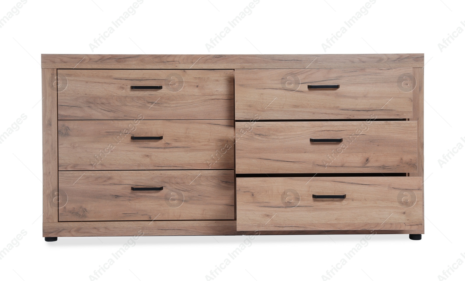 Photo of New wooden chest of drawers isolated on white