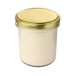 Photo of Glass jar of delicious mayonnaise isolated on white