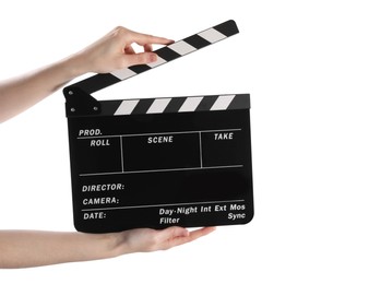 Photo of Woman holding movie clapper on white background, closeup