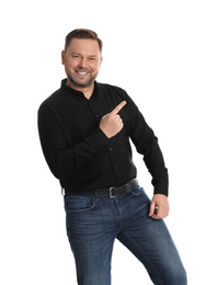 Photo of Portrait of happy mature man on white background