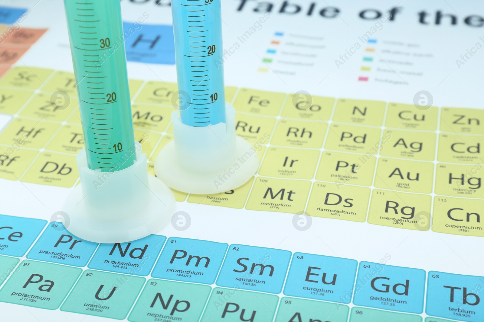 Photo of Graduated cylinders on periodic table of chemical elements, closeup