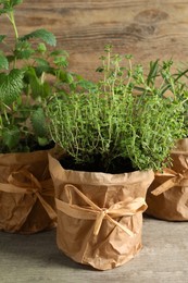 Photo of Different aromatic potted herbs on wooden table