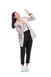 Photo of Beautiful businesswoman in suit posing on white background