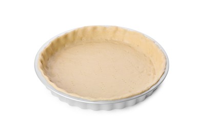 Photo of Making quiche. Tart pan with fresh dough isolated on white