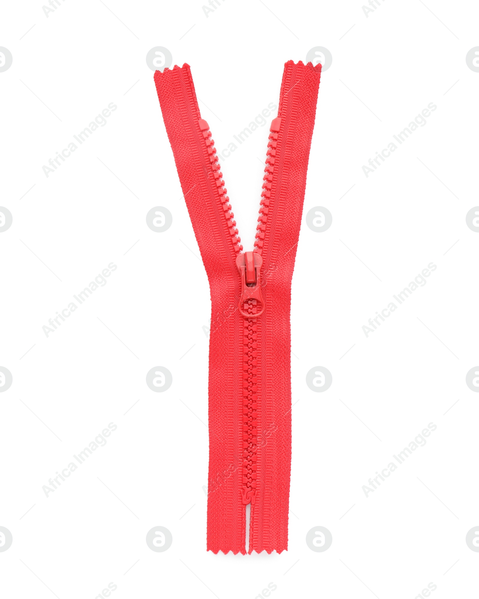 Photo of Red zipper isolated on white, top view