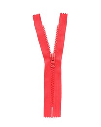 Photo of Red zipper isolated on white, top view