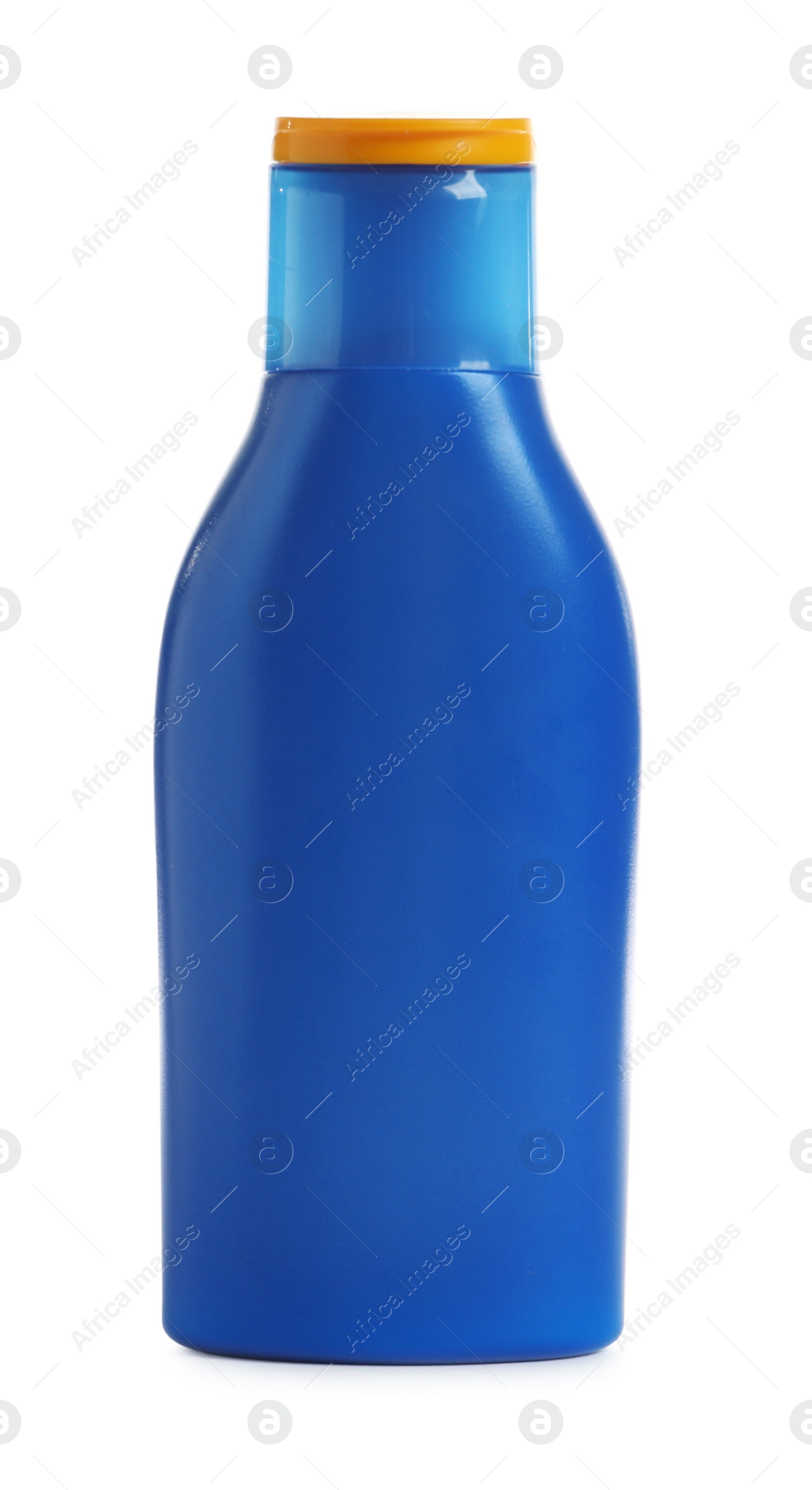 Photo of Blue bottle with sun protection body lotion on white background. Cosmetic product