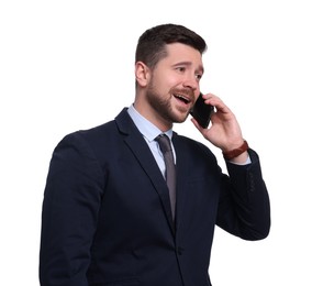 Photo of Handsome bearded businessman in suit talking on smartphone against white background