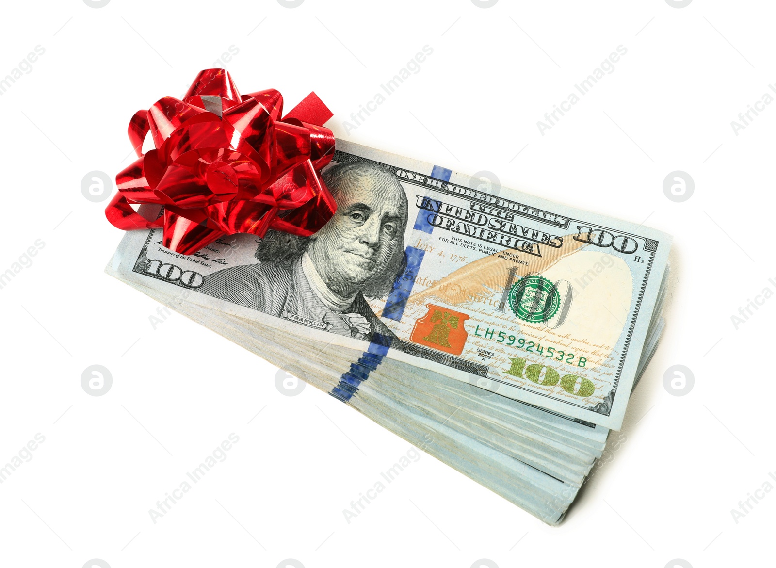 Photo of Stack of dollar banknotes with bow on white background