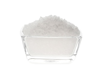Glass bowl with natural salt isolated on white