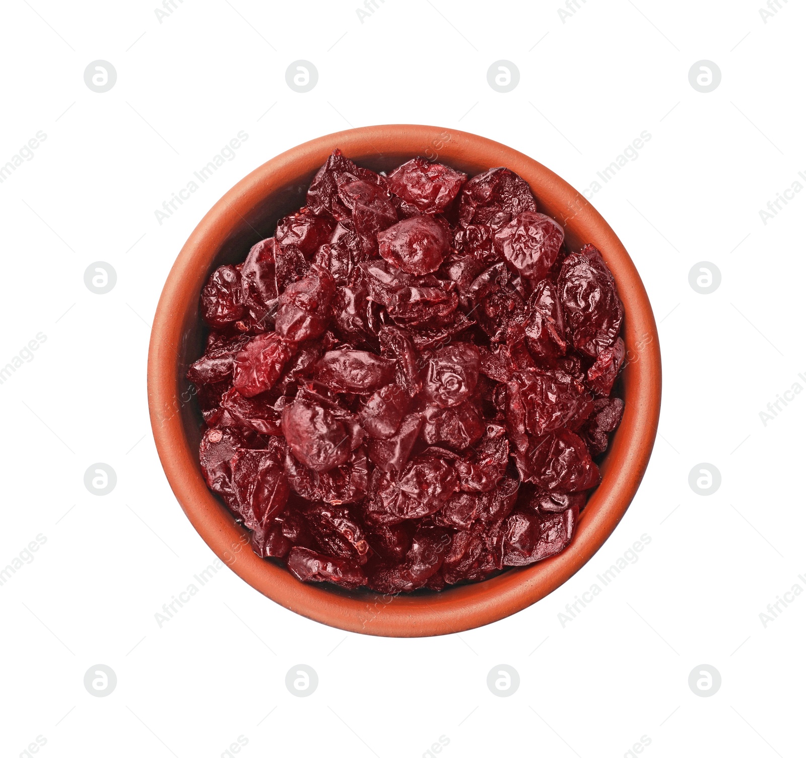 Photo of Dried cranberries in bowl isolated on white, top view