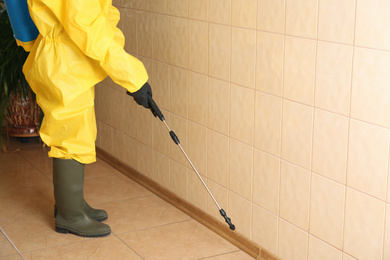 Pest control worker spraying pesticide indoors, closeup. Space for text