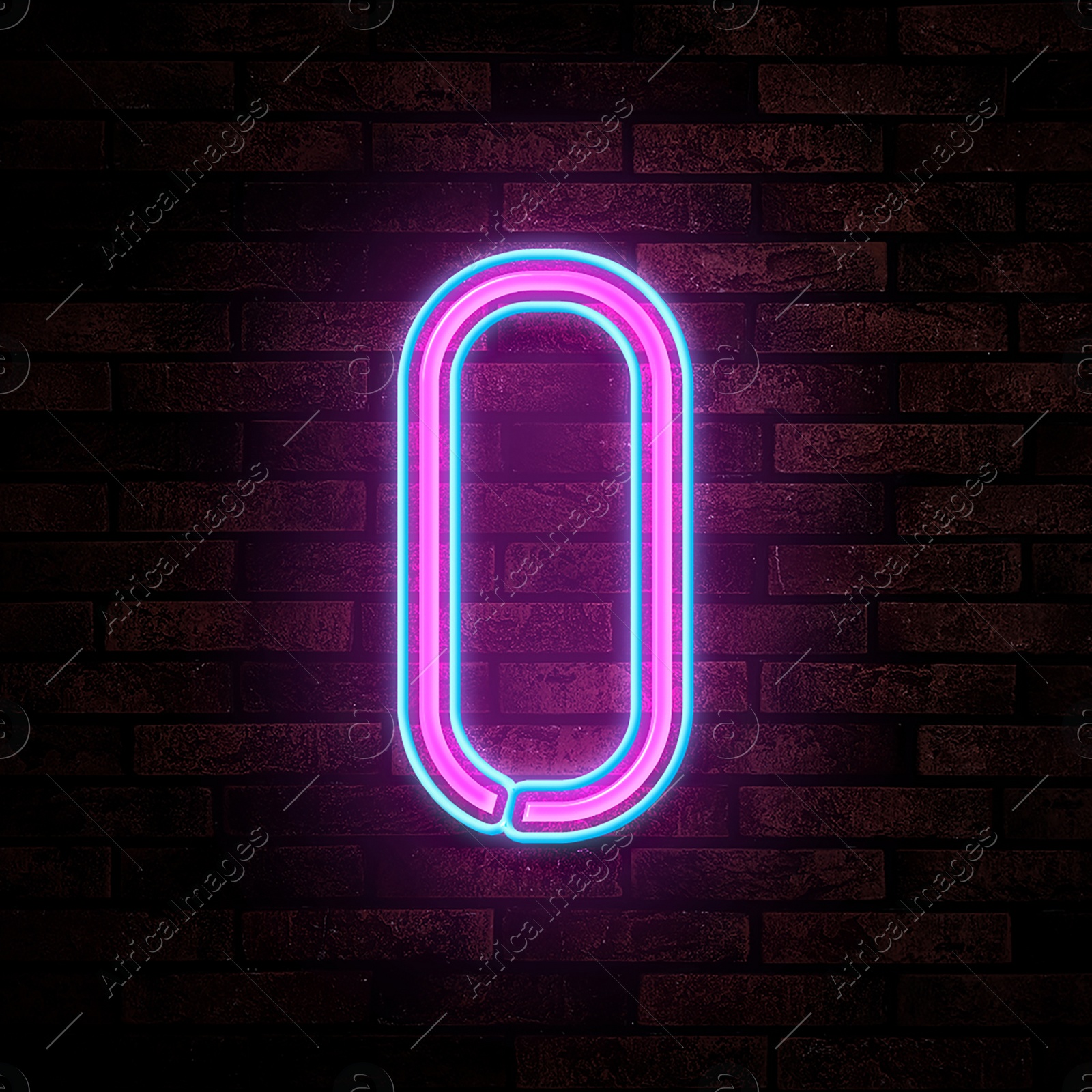 Image of Glowing neon number 0 sign on brick wall