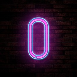 Image of Glowing neon number 0 sign on brick wall