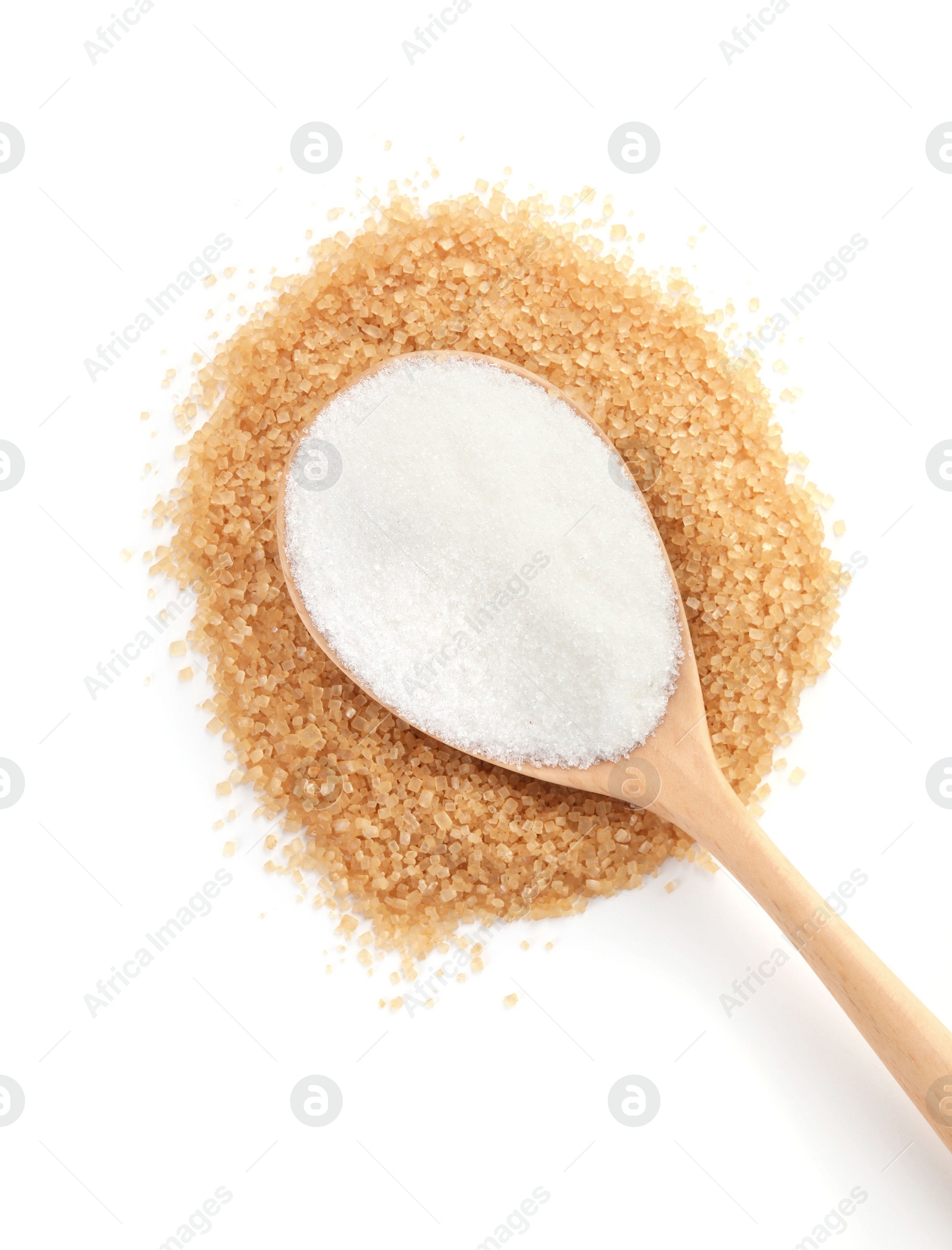 Photo of Different types of sugar and spoon isolated on white, top view