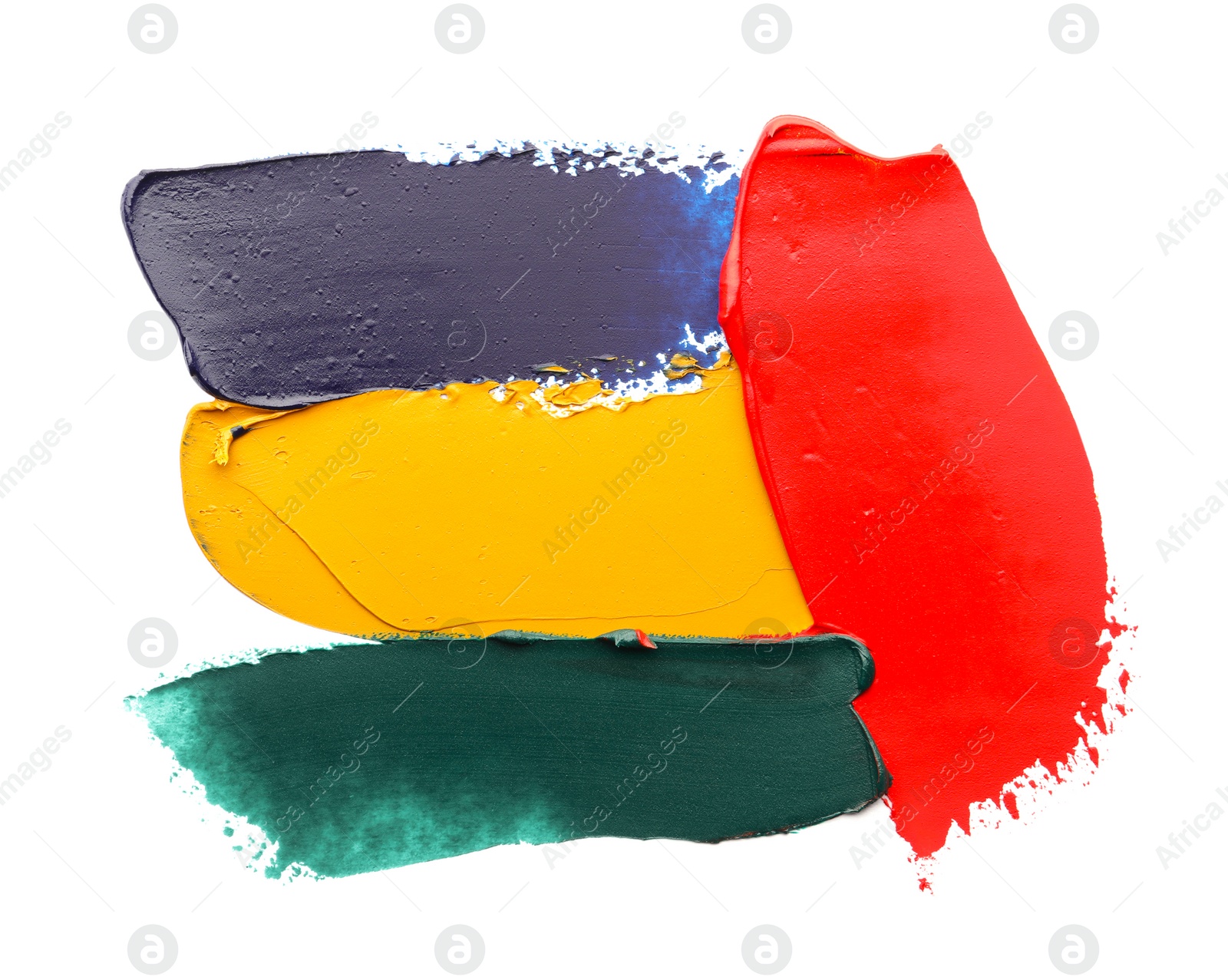 Photo of Colorful oil paint strokes on white background, top view