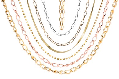 Image of Set with different jewellery chains isolated on white
